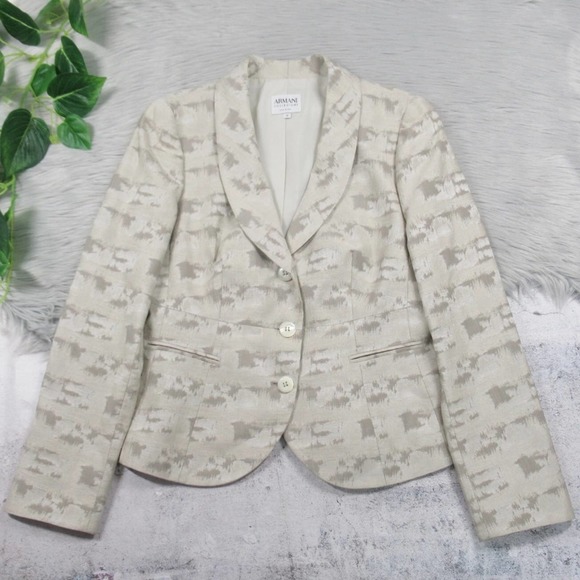 ARMANI COLLEZIONI Textured Jacquard Button Front Blazer Eggshell & Taupe Size 10 - Picture 6 of 11